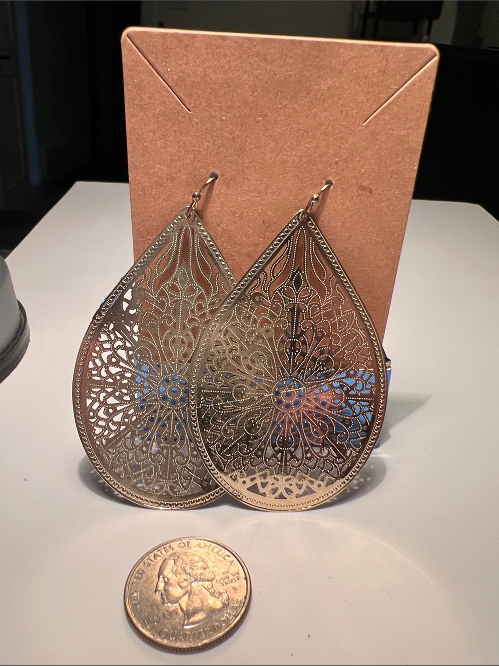 Filigree Teardrop Dangle Earrings in Metallic Gold Tone